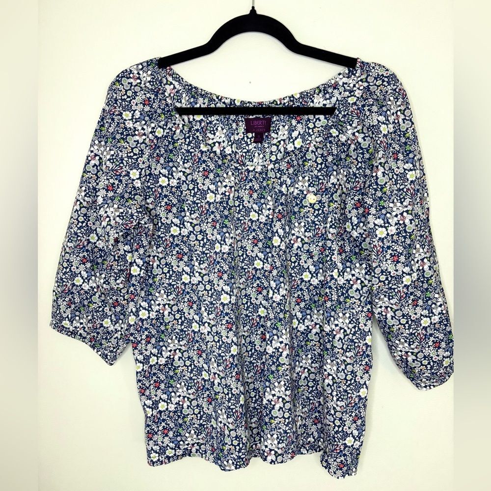 J.Crew Liberty Floral Blouse Navy Small Peasant Boho Top 100% Cotton